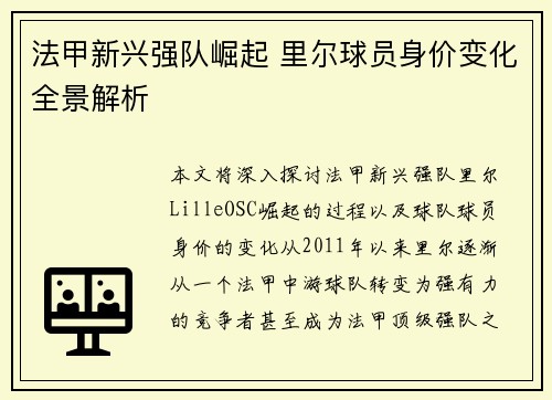 法甲新兴强队崛起 里尔球员身价变化全景解析