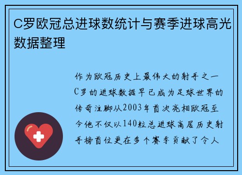 C罗欧冠总进球数统计与赛季进球高光数据整理