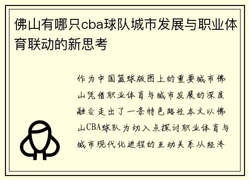 佛山有哪只cba球队城市发展与职业体育联动的新思考