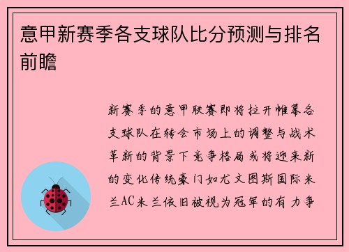意甲新赛季各支球队比分预测与排名前瞻