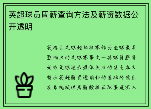 英超球员周薪查询方法及薪资数据公开透明
