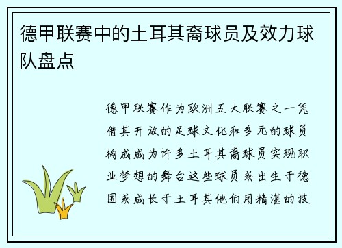 德甲联赛中的土耳其裔球员及效力球队盘点