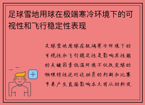 足球雪地用球在极端寒冷环境下的可视性和飞行稳定性表现